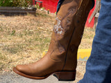 Women’s Tan Leather Boots With Embroidery Shaft