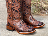 Women’s Cognac Leather Boots With Black Inlay—Square Toe