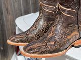 Men’s Brown Hand-Tooled Leather Boot With Brown Shaft- Square Toe