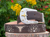 BROWN WITH GLITTER/LONGHORN INLAY BELT
