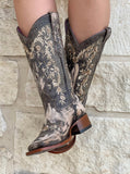 Women’s Distressed Grey Leather Boots With Beige Embroidery