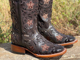 Women’s Brown Leather Boots With Brown Inlay—Square Toe