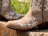Women’s Camel Suede White Floral Embroidery—Snip Toe